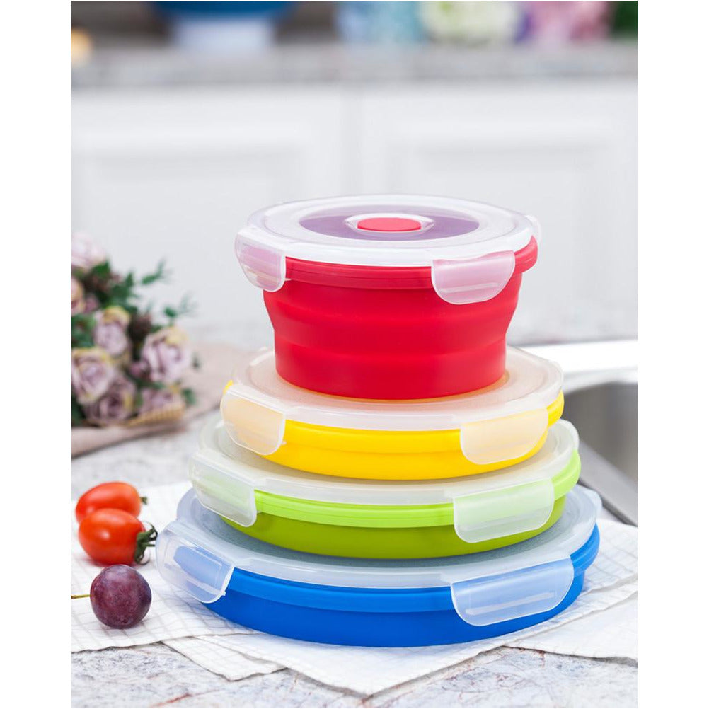 Silicone Collapsible Food Storage Container with Airtight Lid and Air Vent  4 Pack Foldable Meal Prep Round Lunch Box for Kitchen,Stackable, Space